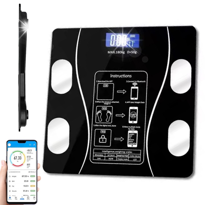 Смарт кантар за тяло, анализ на телесния състав, 180кг, Bluetooth, LCD, 260x260x21мм