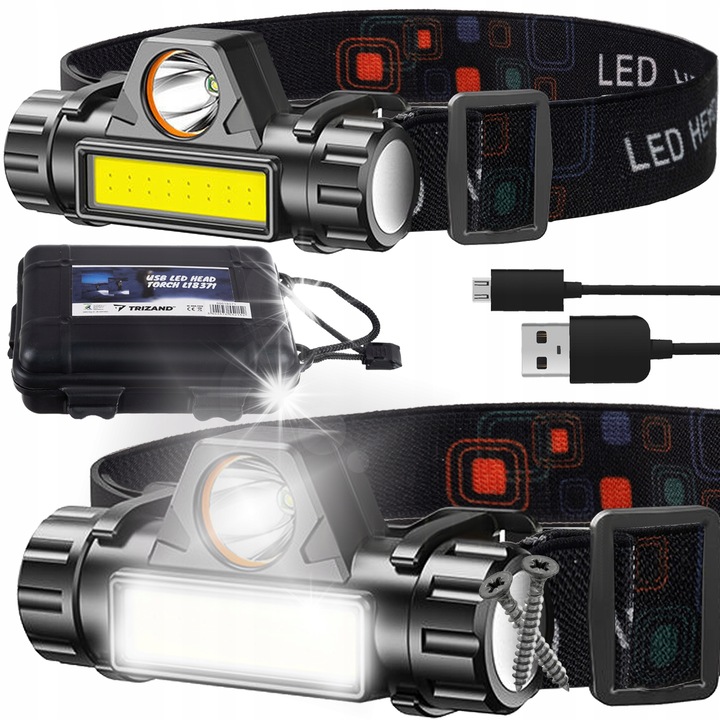 Trizand 4 az 1-ben fejlámpa USB-vel, 2 világítási móddal, 3x8x4 cm, USB kábellel és tárolódobozzal