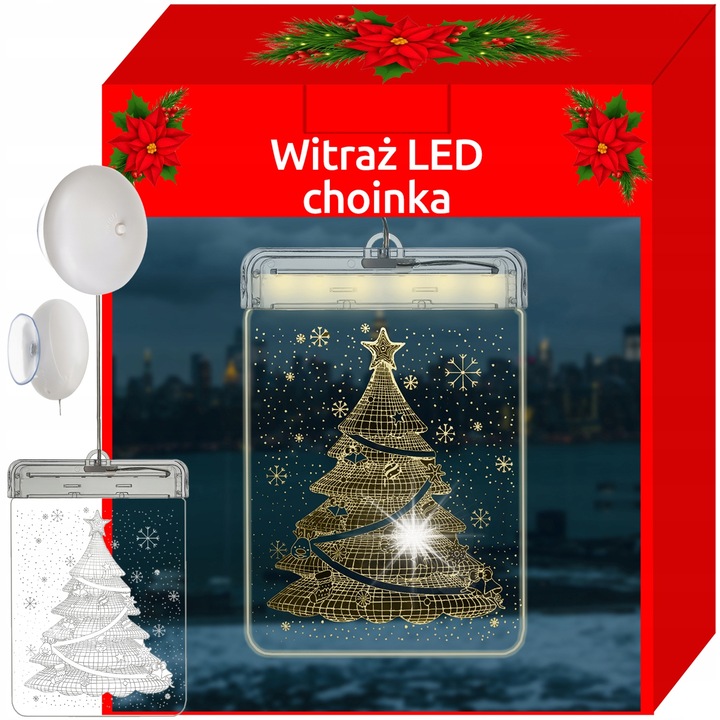 LED karácsonyi dekoráció, Malatec, 6 lámpa, meleg fehér, 17x11.5x1.5cm, tapadókorongos rögzítéssel
