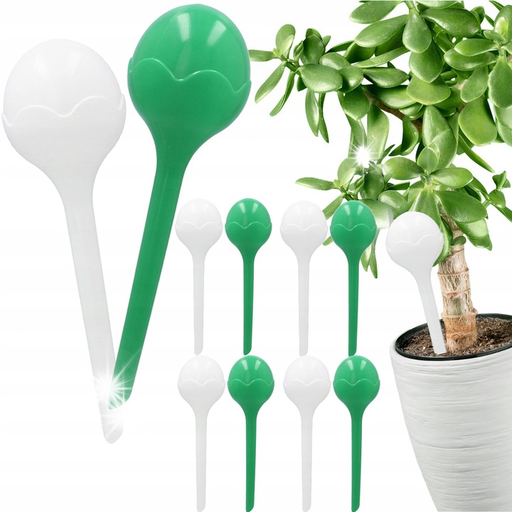 Set 10 dozatoare de apa pentru plante, Dekorstar, 400ml, plastic, verde/alb