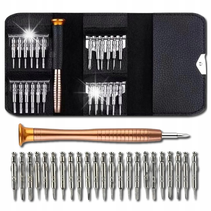 Комплект прецизни отвертки 25 в 1, 24 сменяеми накрайника, кожен калъф