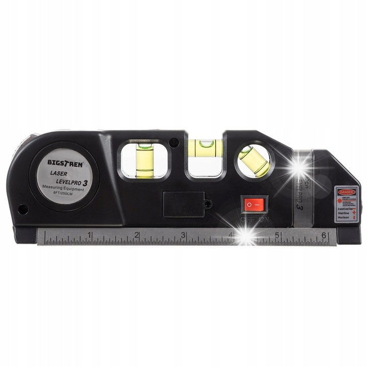 Nivela laser cu masura 250 cm, 3 libela, rosie, pentru nivelare si verticalitate, alimentare cu baterii, set inclus.