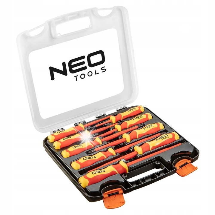 Комплект отвертки 1000V, 9 броя, NEO, двукомпонентна дръжка, стомана S2, размери 0.6x3x100mm - 8x175mm