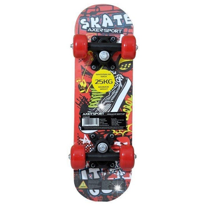 Skateboard Axer 43 cm, 9 straturi lemn artar, grip antiderapant, pentru copii