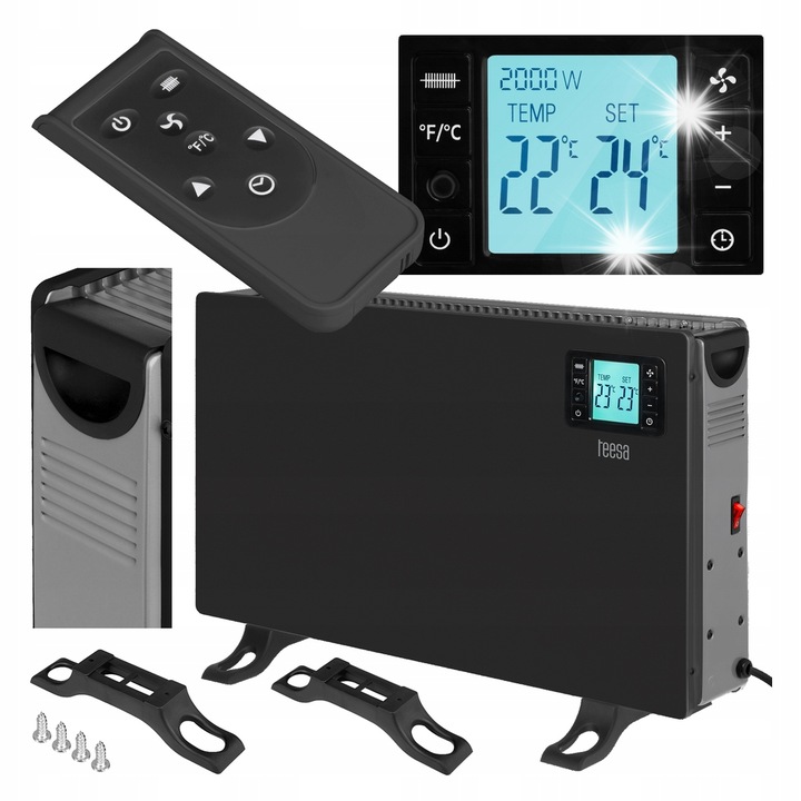 Convector electric Teesa 2000W, 3 moduri, termostat, negru, 210x375x605mm, set cu instructiuni