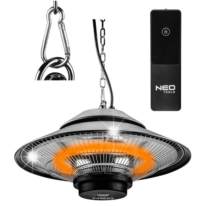 Függő fűtőlámpa távirányítóval, Neo, 1500W, IP44, méretek 42,5x42,5x25cm, teraszra