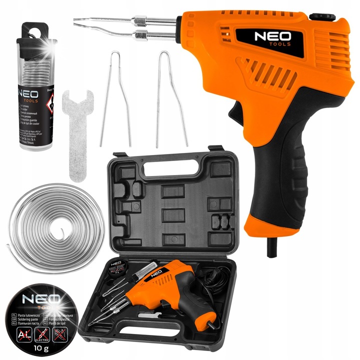 Pistol de lipit, Neo Tools, transformator 200W, set cu 2 capete, valiza, 1.5m cablu