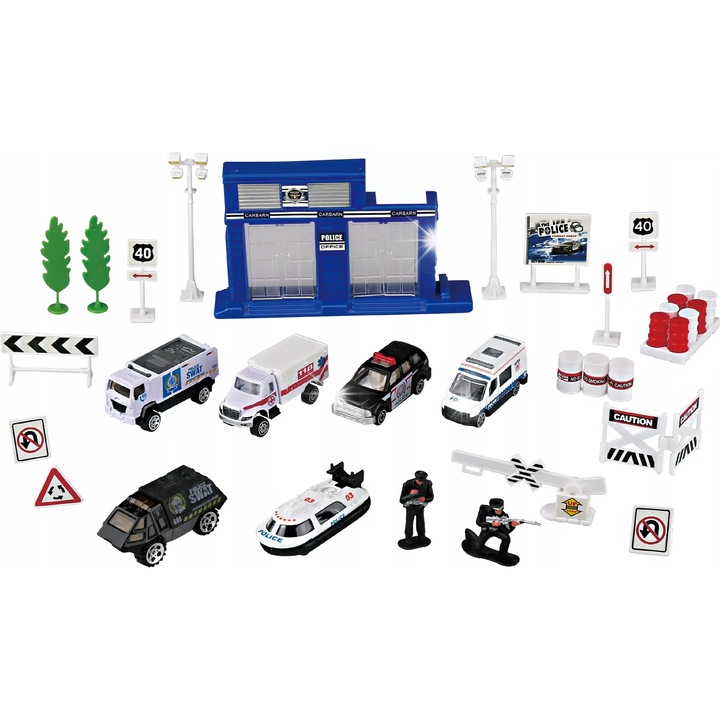 GEARBOX 1:64 autókészlet, 6 jármű, 2 figura, többszínű, 35 darab