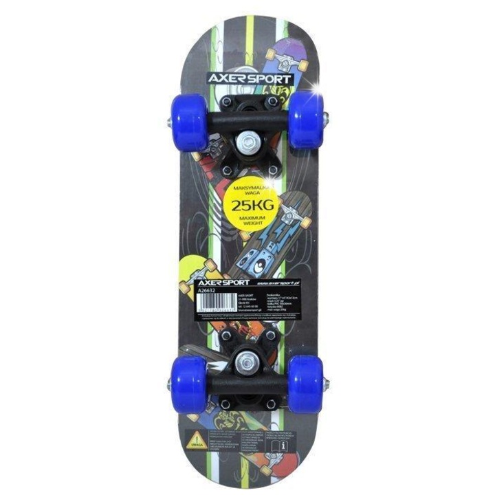 Deskorola AXER 43 cm, 9 straturi lemn artar, grip antiderapant, roti 50x30mm, pentru copii max 25 kg