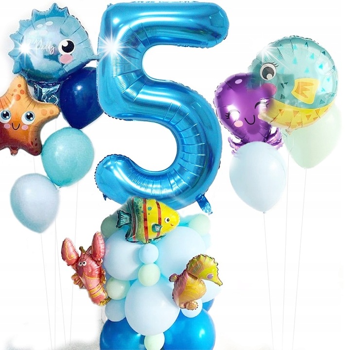 Óceán lufi szett 5-ös számmal, 44 elem, többféle kék árnyalat, latex és fólia