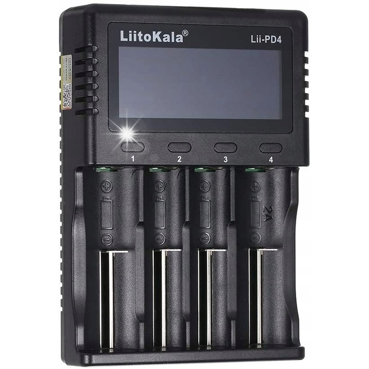 Incarcator universal LiitoKala Lii-PD4 pentru baterii AA AAA 18650, 4 canale, 110-240V AC, 12V DC