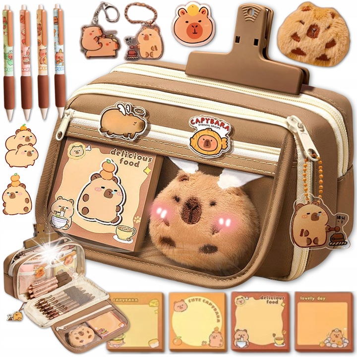 Ученически несесер с три отделения Modebelle с аксесоари, кафяв, размери 21x7.5x13cm