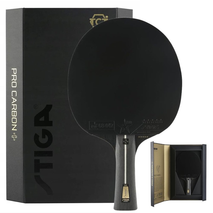 Paleta tenis de masa STIGA Pro Carbon +, 5 straturi lemn, gume STAR5, maner concav, design modern