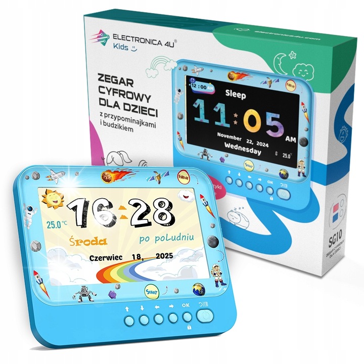 Ceas digital pentru copii, 7 inch, cu rama foto LED, albastru, set complet