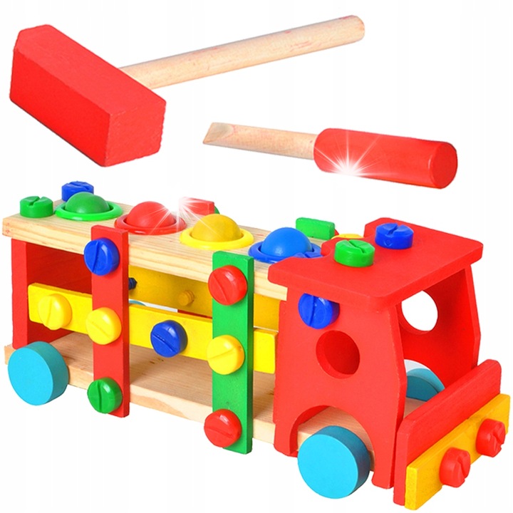 Camion educativ din lemn cu accesorii, Kruzzel, 29x10,5x11cm, multicolor, set complet