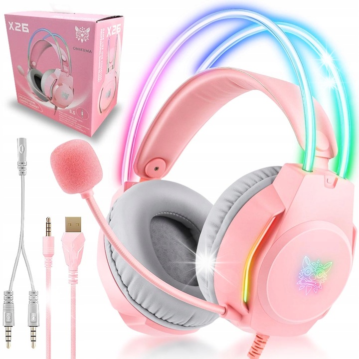 Геймърски слушалки Onikuma X26, розови, 50мм, микрофон с редуциране на шума, комплект с адаптер 2x Mini Jack към 1x Mini Jack