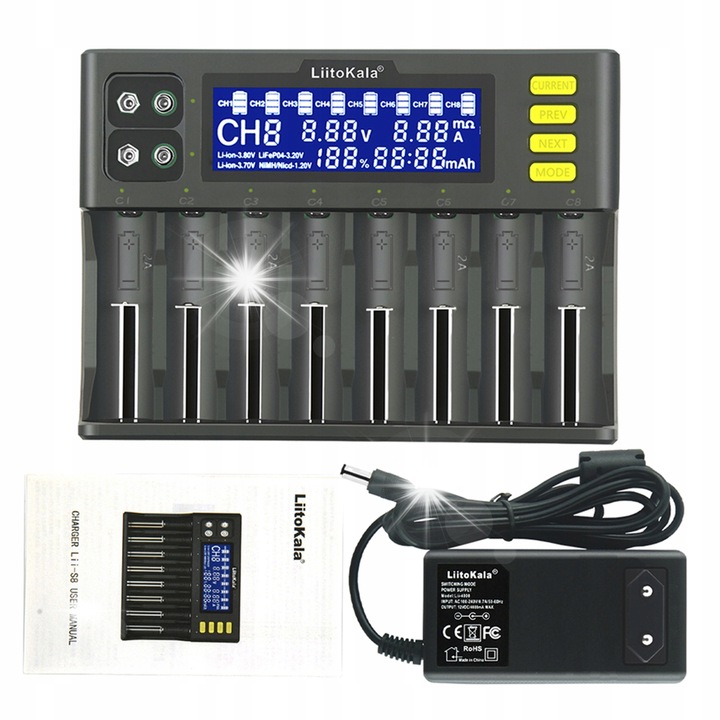 Incarcator universal LiitoKala Lii-S8, 8 canale, 2A, DC 12V, dimensiuni 195x142x35mm, set cu alimentator EU