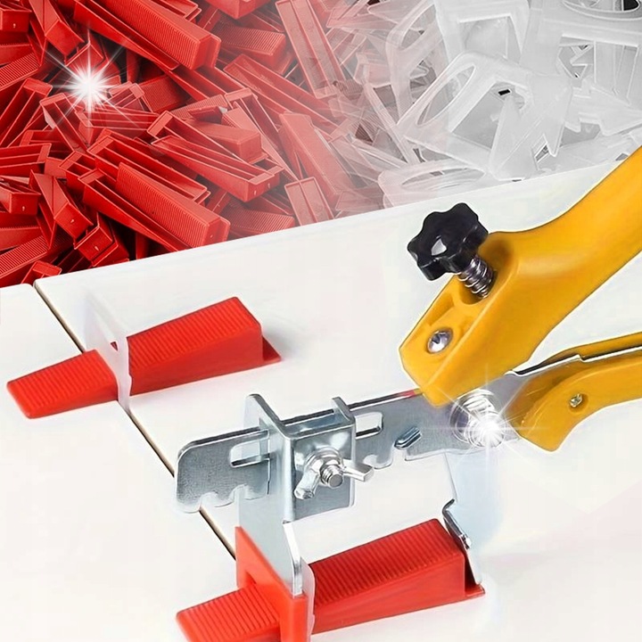 Set sistem nivelare placi, Mobes, 100 clinuri, 300 cleme, rosu-transparent, pentru placi de 5-12 mm