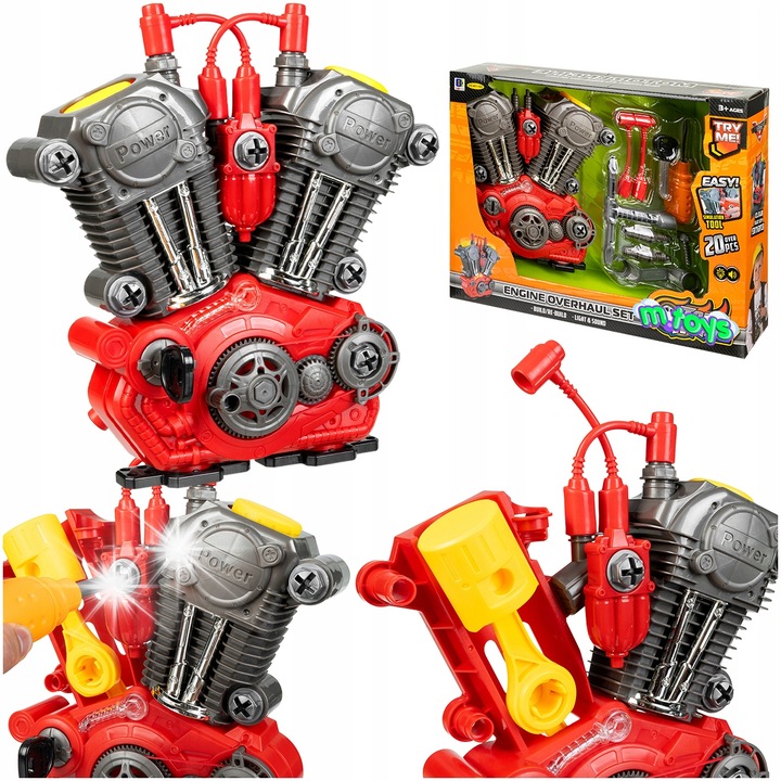 Set motor de desfacut pentru copii, MTOYS, efecte sonore si lumini LED, rosu, 42x32x7,5cm