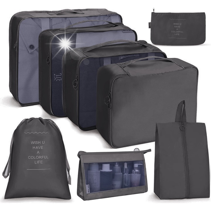 Set 8 organizatoare de calatorie Korbi, colorate in negru, dimensiuni variate 42x33x12cm, 34x28x12cm, 32x22x12cm, 34x23cm, 33x25cm, 29x20x10cm, 26x16cm, 26x15x9cm