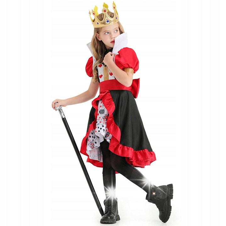 Costum de carnaval pentru copii, Korbi, Regina de Cupa, set cu rochie, coroana si colier, negru cu rosu, M