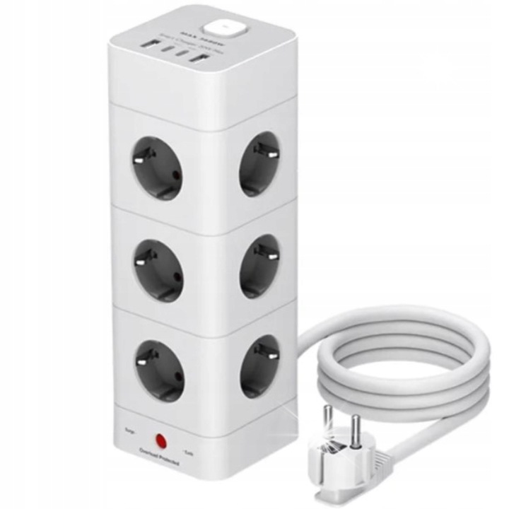 Разклонител ELECTRONICA 4U 16w1, 12 AC контакта, 2x USB A, 2x USB C, бял, 80x80x232 мм