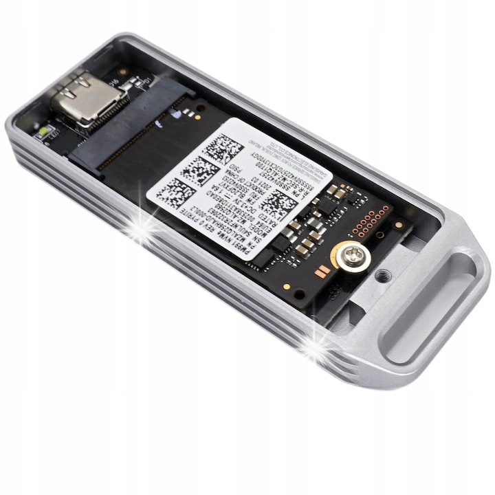 Carcasa mica de hard disk extern, 256GB, 800-900 Mb/s, gri metalizat, 78x28x9mm, set cu cablu USB C