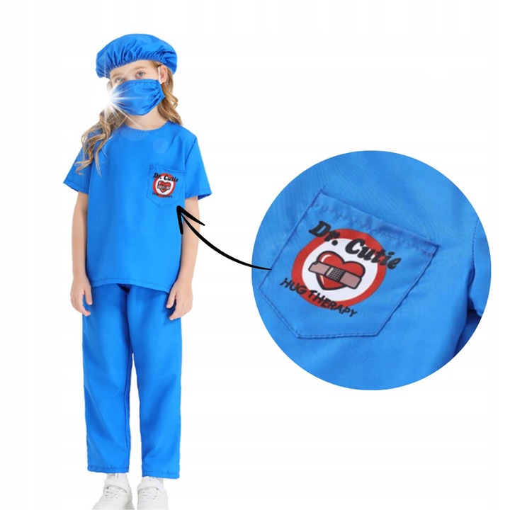 Costum doctor copii, Korbi, albastru, marimea S, include bluza, pantaloni, caciula, masca