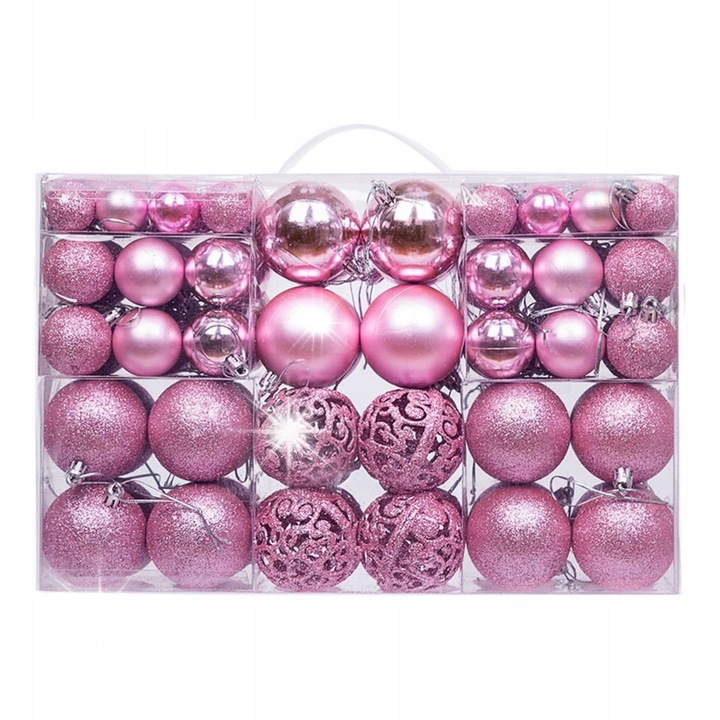 Set 100 globuri roz pentru brad, 4 modele, 3 dimensiuni, Korbi