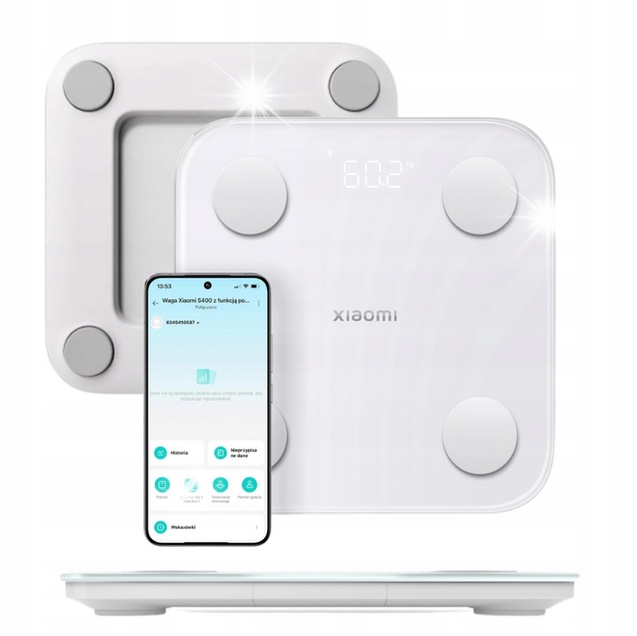 Смарт кантар Xiaomi Mi Body Composition Scale, анализ на телесния състав, мониторинг на сърдечния ритъм, бял, 30x30см