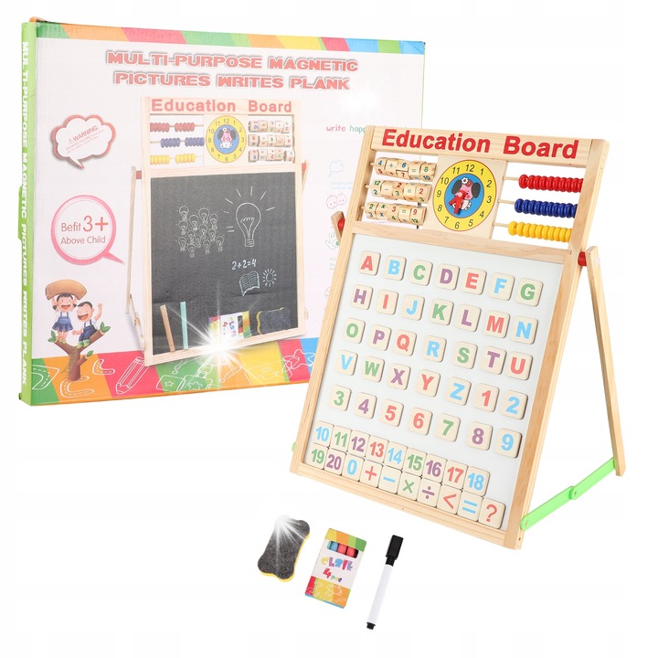 Tablita educationala multifunctionala din lemn, 6 in 1, creta in 5 culori, 32x41x67cm