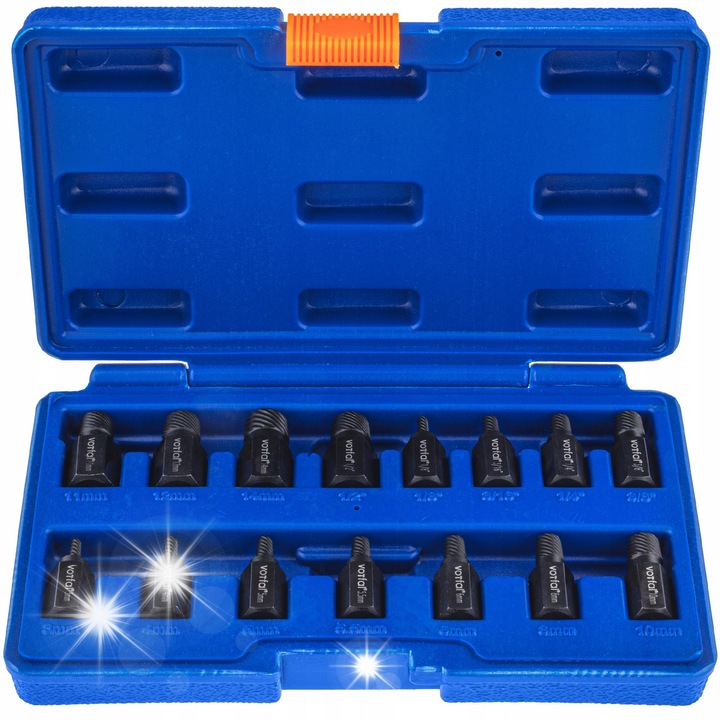 Set de 15 extractoare suruburi rupte, Vorfal, pentru suruburi deteriorate, dimensiuni 3-17 mm, utilizare profesionala