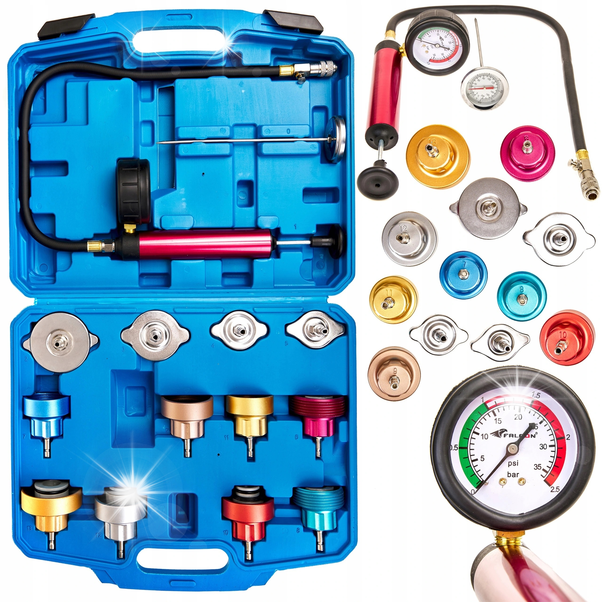 Комплект за тестване на херметичност на охладителна система Falcon, 27 части, многоцветен