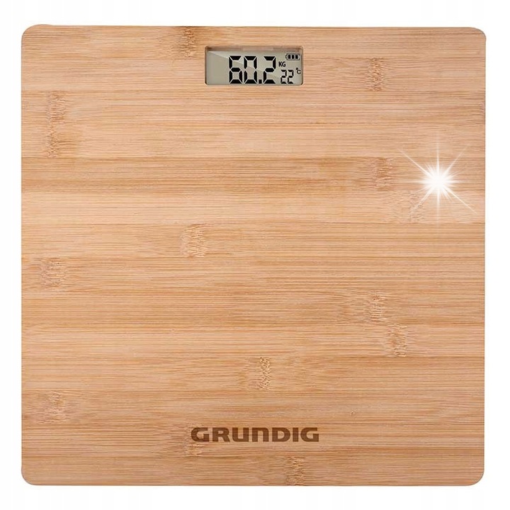 Cantar corporal digital Grundig din bambus, 180 kg, 280x280x30mm, maro, cu display LCD