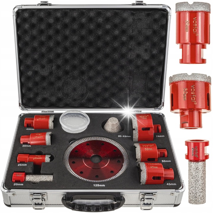 Burghiu diamantat pentru gresie, Vorfal, 20-74 mm, 10 elemente, rosu