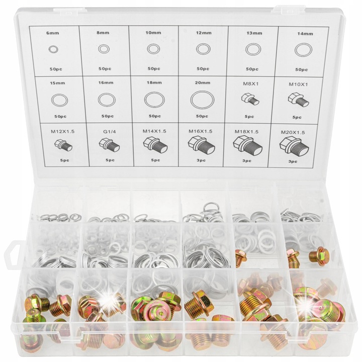 Set de 534 bucati saibe aluminiu si dopuri de scurgere Falcon, rezistente, organizare usoara