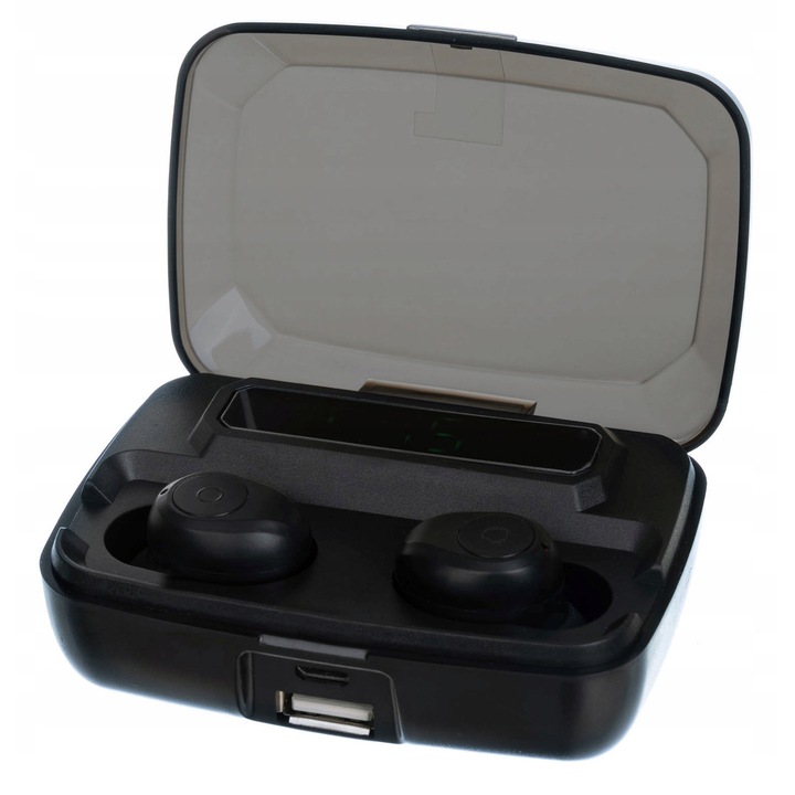 IZOXIS vezeték nélküli fülhallgató töltőtokkal, Bluetooth, LCD, 2 óra töltés, 6 óra lejátszás, 5,5x8,5x3cm, teljes készlet