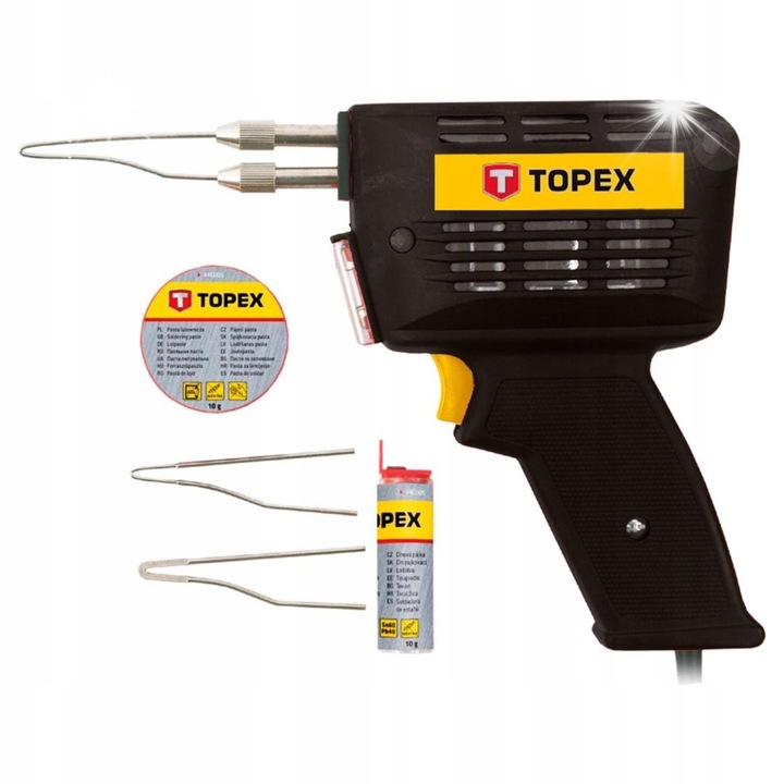 Pistol de lipit TOPEX 150W, cu lumina, set cu pasta de lipit, cositor, in valiza