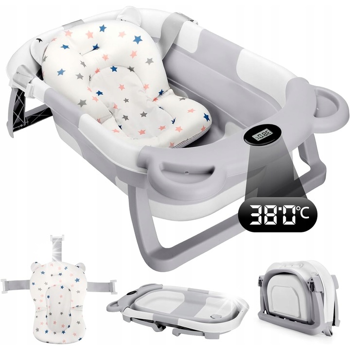 Сгъваема бебешка вана с LCD термометър и възглавница, сива, 67x42x21см, пълен комплект