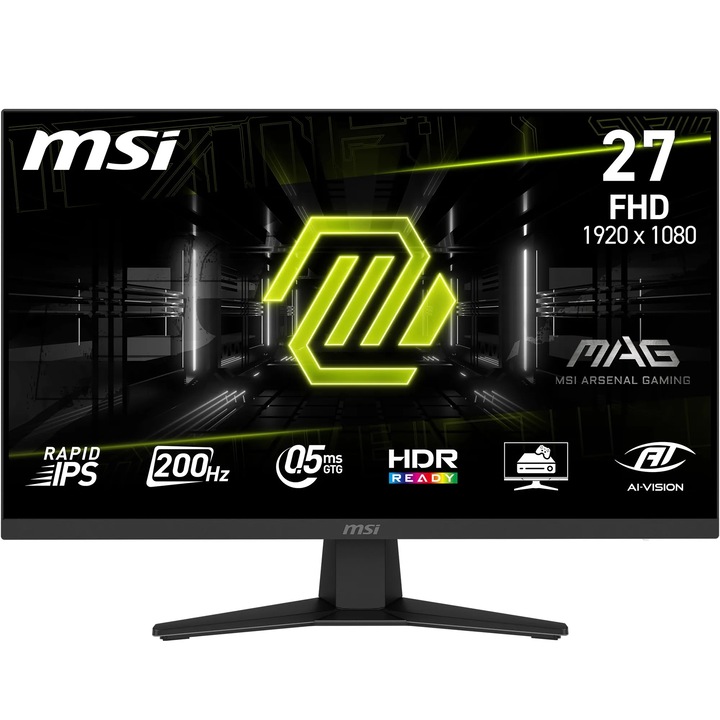 MSI MAG 274F 27 hüvelykes gaming monitor, FHD, 1920x1080 - Rapid IPS, 200Hz, 0.5ms, HDR Ready, Eye Care, HDMI 2.0b, DP 1.2a, Keret nélküli, Állítható dőlésszög, VESA támogatás, Fekete