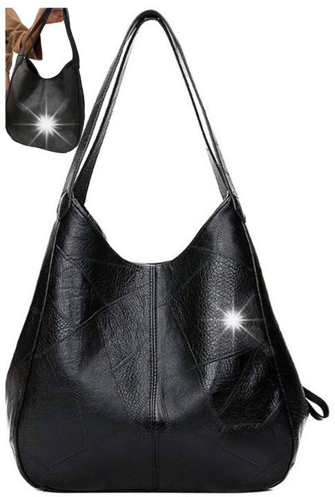 Táska műbőrből, 3 rekeszes modell, fekete, női