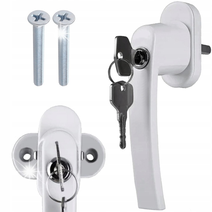 Klamka okienna cu zavor, Malatec, alb, 13x2cm, set cu suruburi de montaj