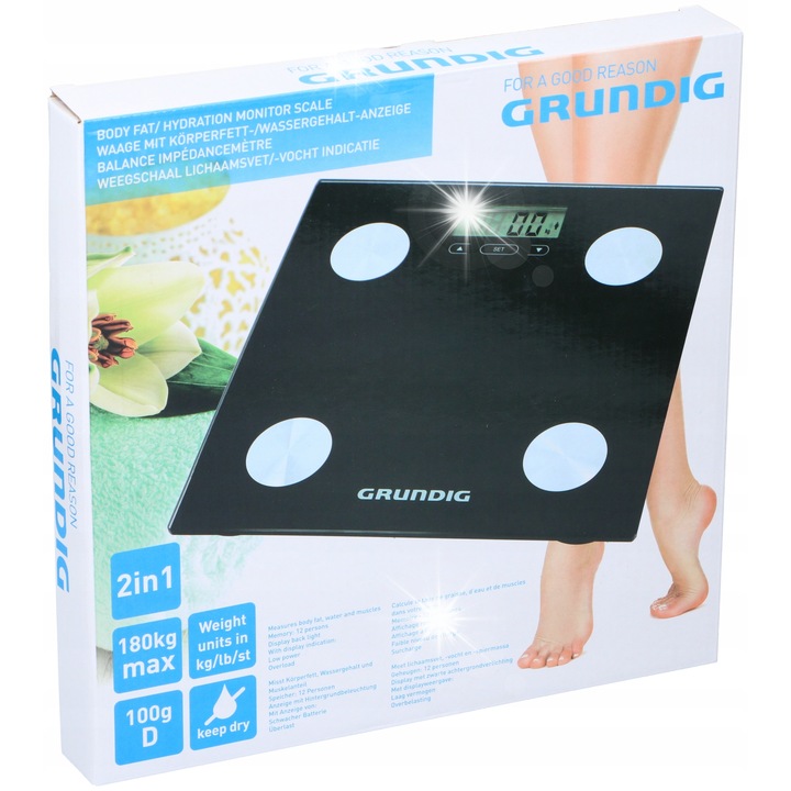 Cantar corporal electronic Grundig, analiza masei corporale, 180 kg, negru, 28x28x1,9 cm