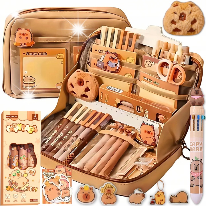 Училищен несесер разгъваем Капибара с аксесоари, 21x7.5x13см, кафяв цвят