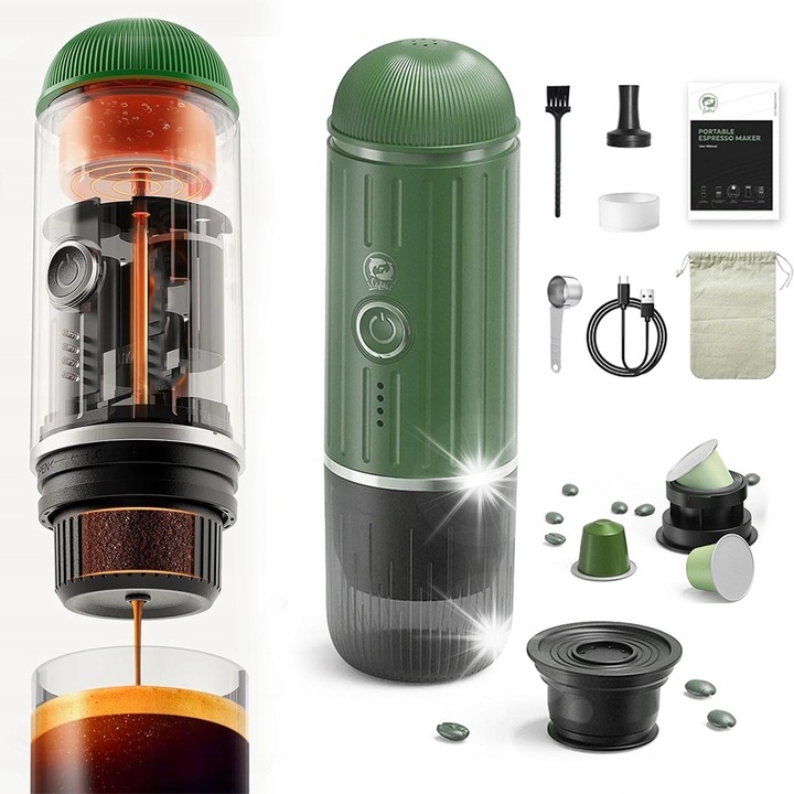 Espressor portabil, 100W, 7800mAh, 80ml, dimensiuni 75x75x248mm, pentru cafea macinata si capsule