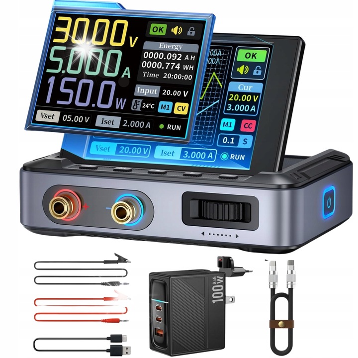 Mini sursa de alimentare de laborator 30V 5A 150W Fnirsi DPS-150, display colorat 2,8", set complet