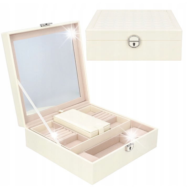 Cutie bijuterii Korbi, ecru, 25x25x8.5cm, cu compartimente si oglinda, organizator elegant