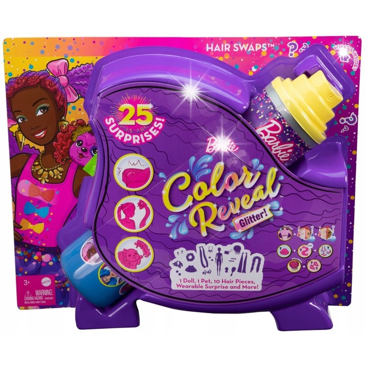Set Barbie Color Reveal Imprezowe stylizacje, 1 papusa, 1 figurina, 2 hainute, 1 bila confetti, 1 geanta, 6 accesorii, multicolor