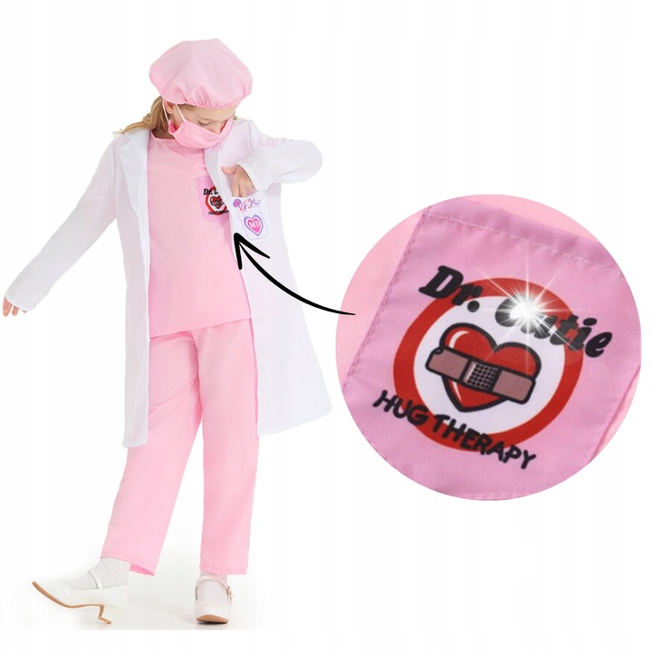 Costum de doctor roz, Korbi, marimea S, set cu bluza, pantaloni si accesorii, pentru copii