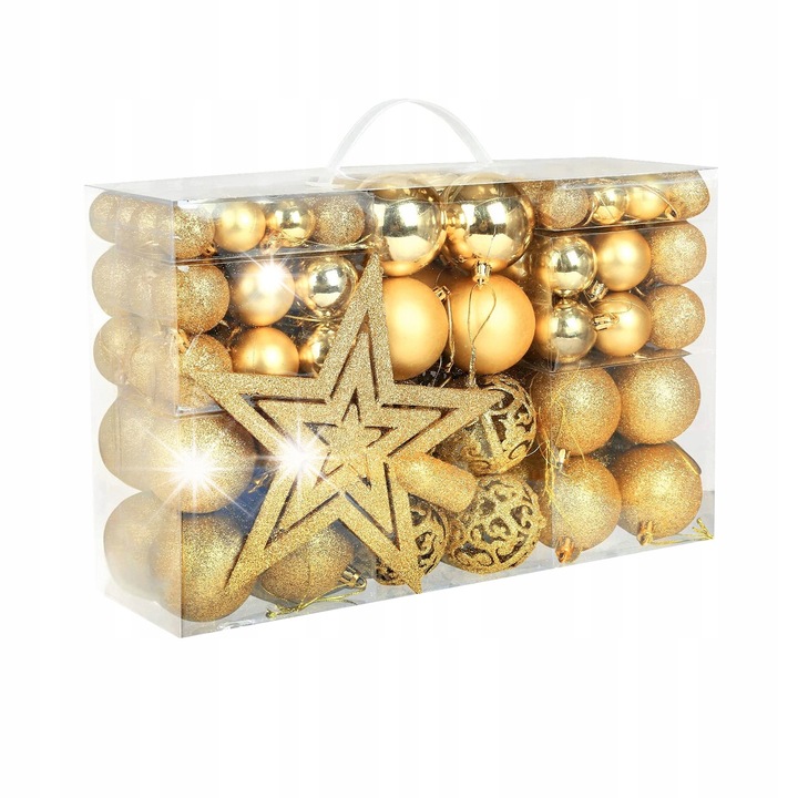 Set globuri de Craciun aurii 100 buc + stea, 6 modele, dimensiuni variate